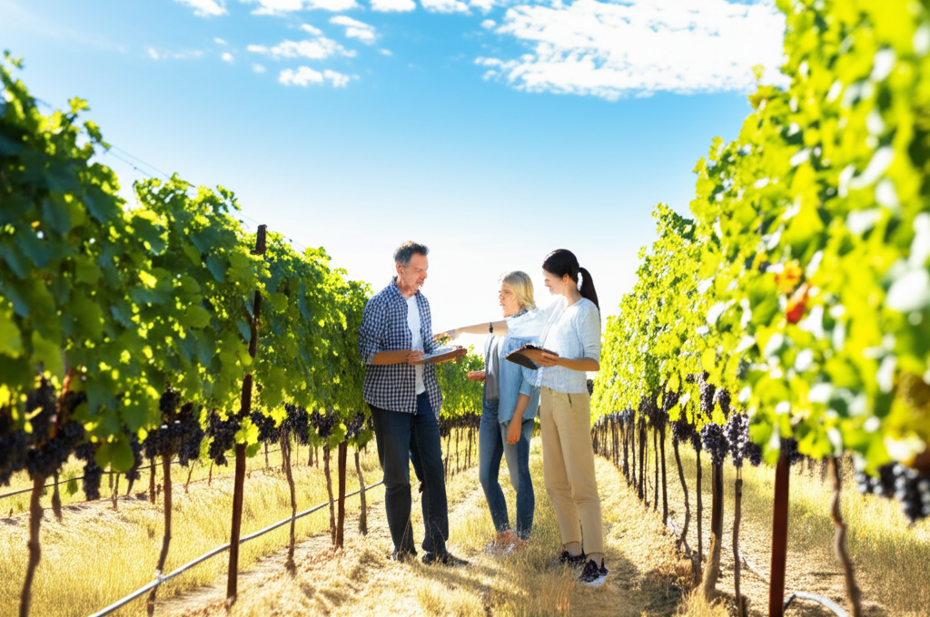 Family inspecting vineyard